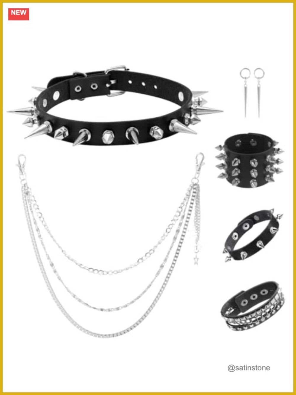 Goth Jewelry Set Spiked Choker Studded Bracelets Chain Belt Alloy Faux Leather